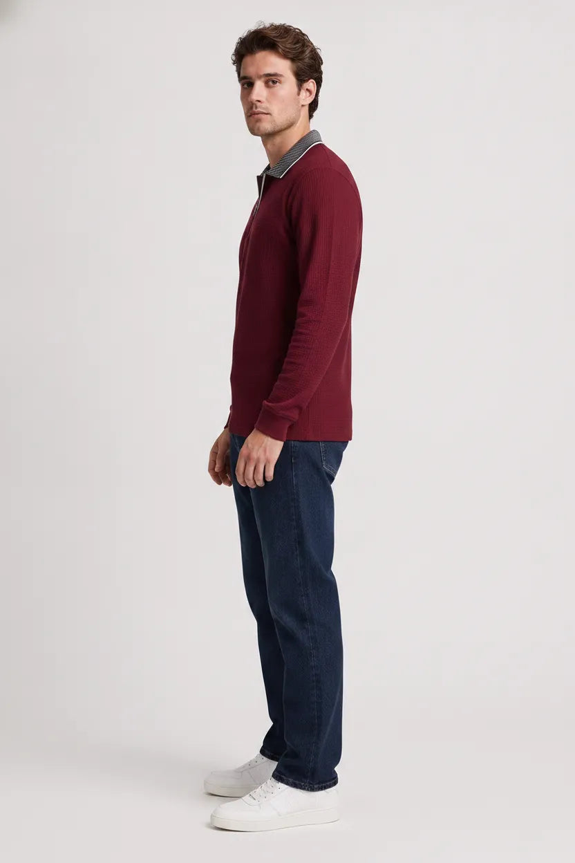 Men's Merlot Structured Cotton Half-Zip Polo T-Shirt | Full Sleeve Textured Pre-Winter