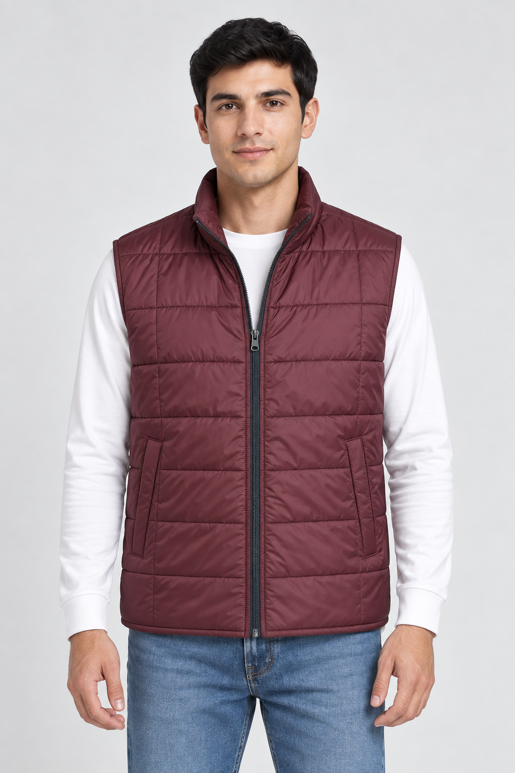 Men’s Wine Lightweight Reversible Woven Puffer Gilet – Regular Fit Sleeveless Jacket