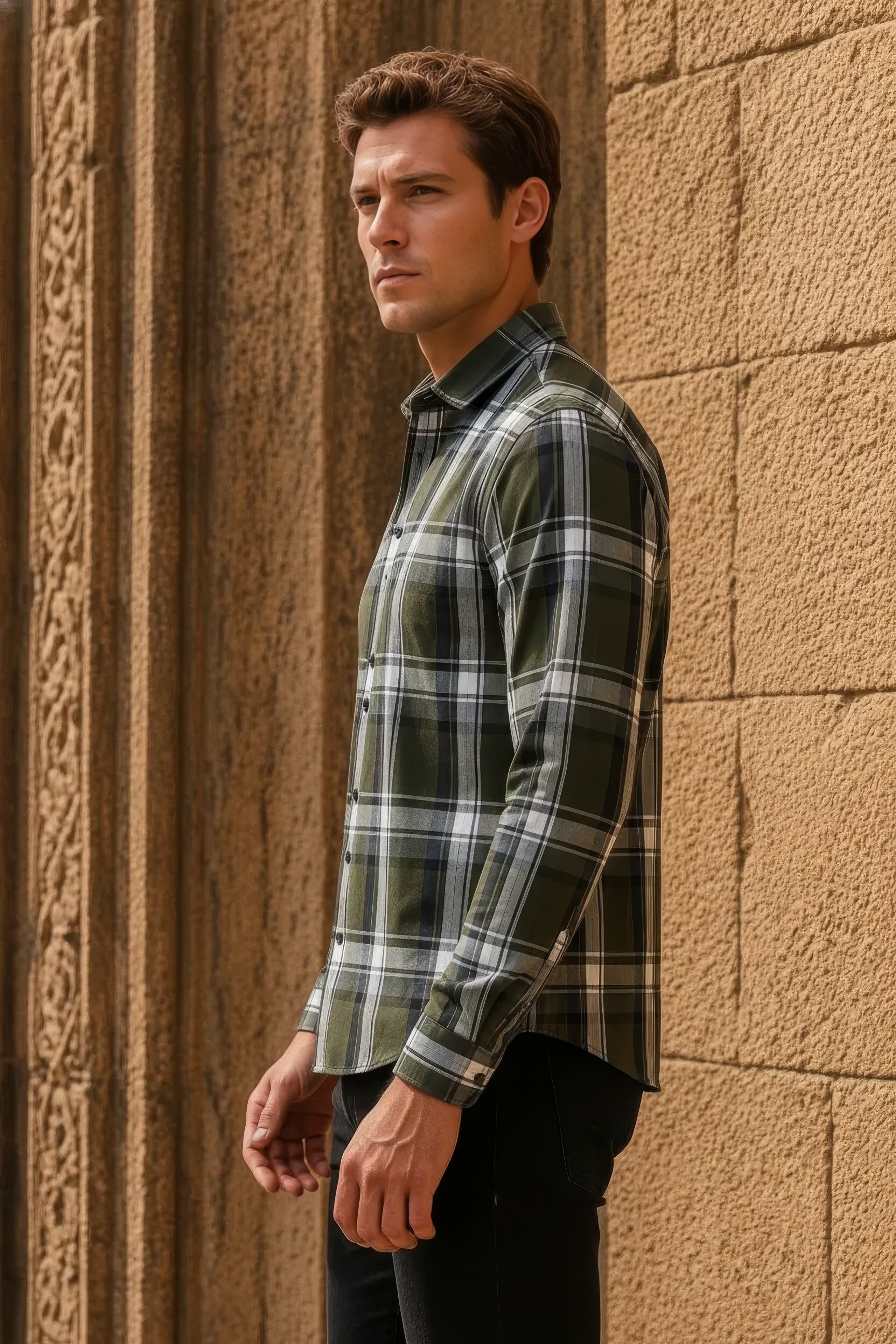 Men’s Olive Check Cotton Tencel Shirt