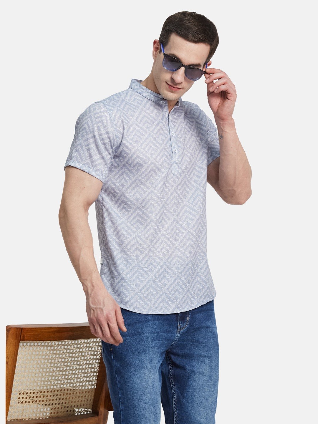 METTLE Men Band Collar Geometric Printed Cotton Casual Shirt