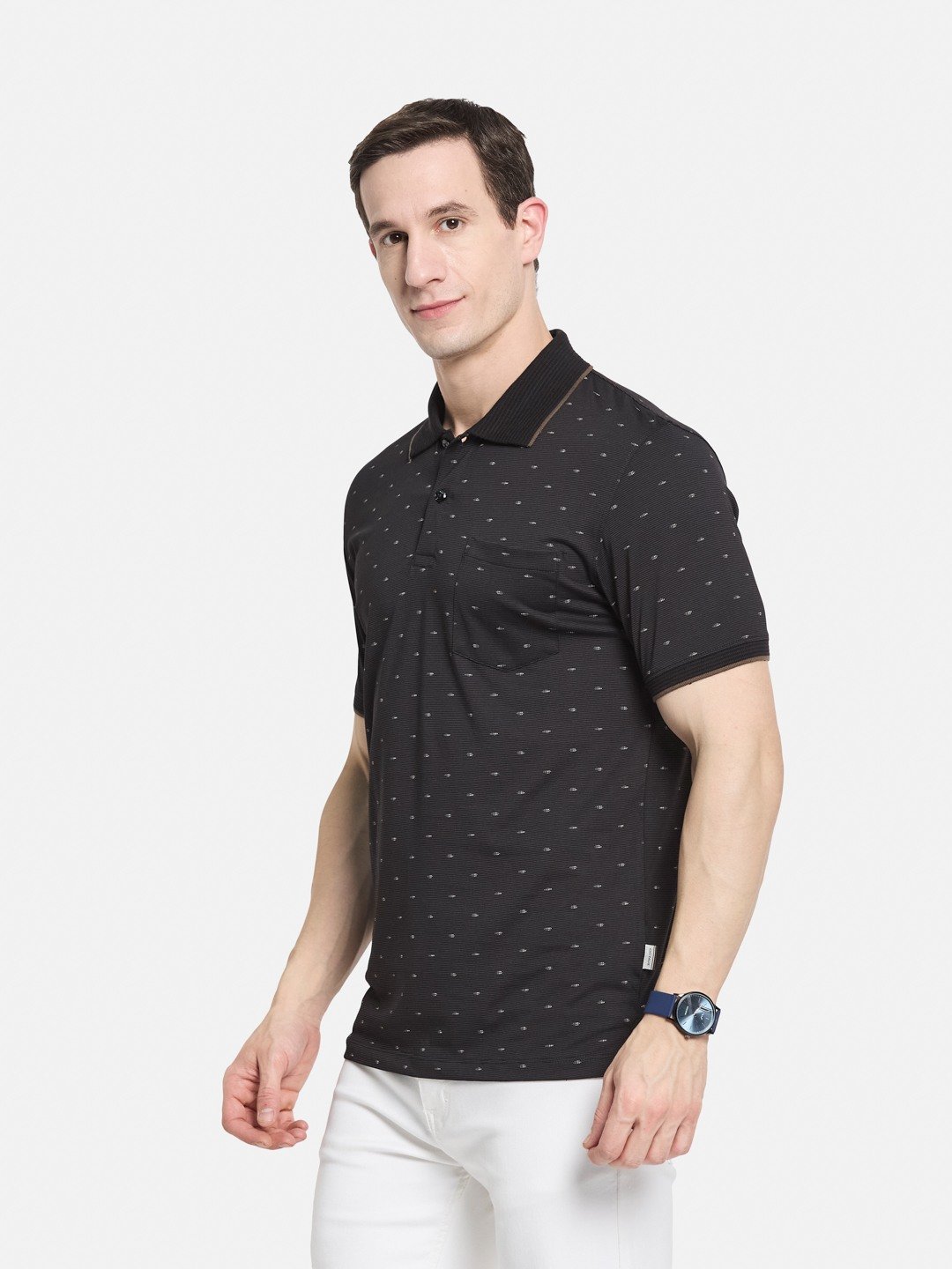 AOP MOTIF PRINT  POLO NECK COTTON  T-SHIRT