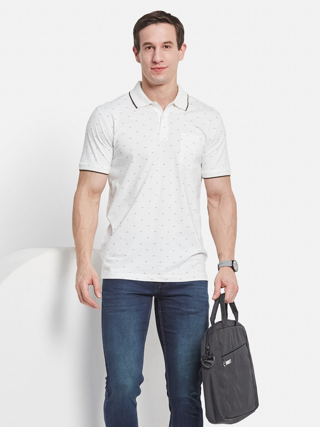 AOP MOTIF PRINT  POLO NECK COTTON  T-SHIRT