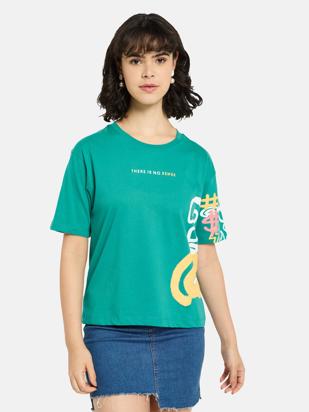 METTLE Women Graphic Printed Round Neck Cotton T-shirt
