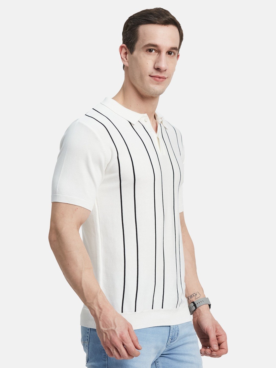 METTLE Men Striped Polo Collar Cotton T-shirt