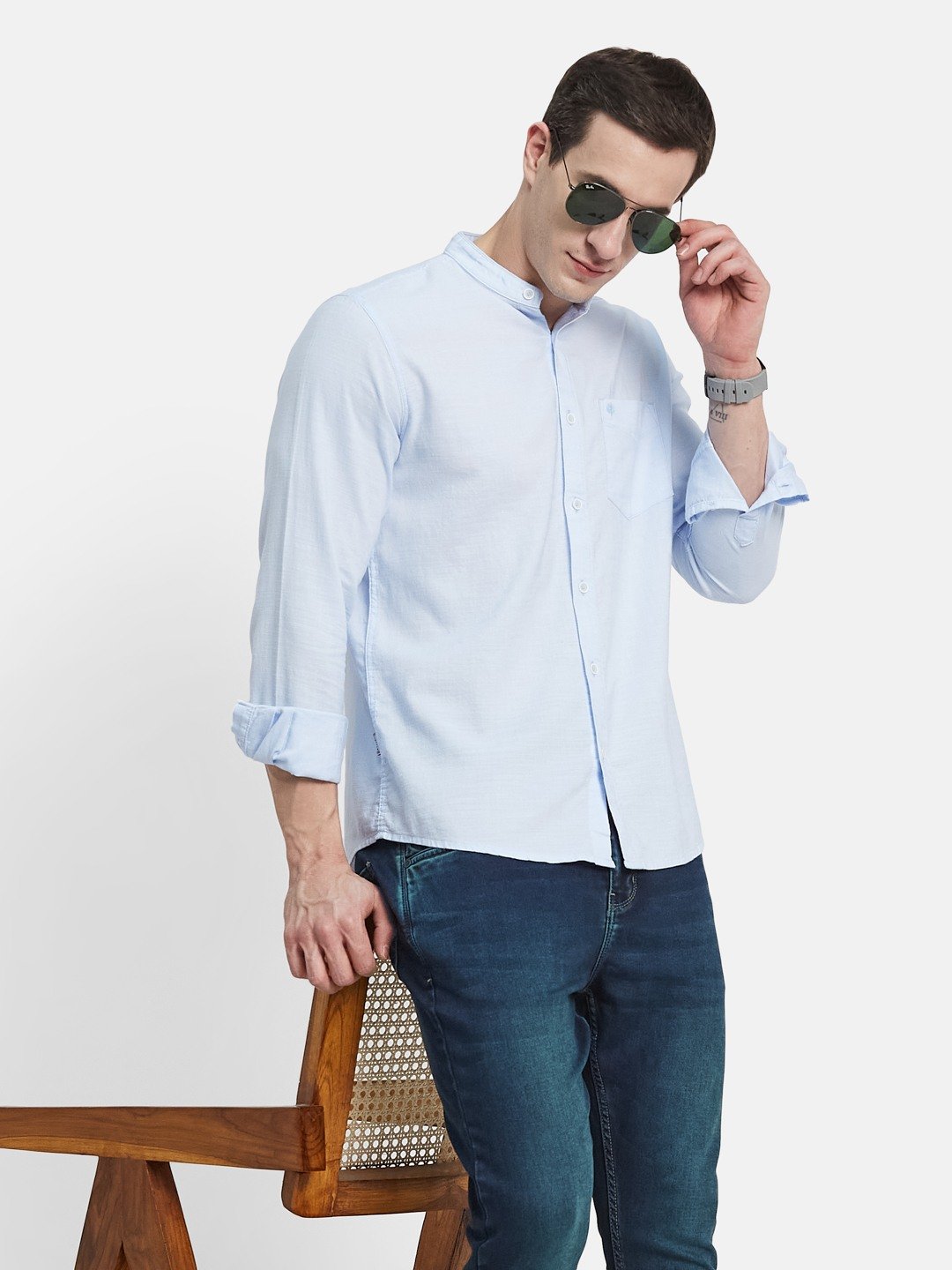 METTLE Men Band Collar Solid Cotton Casual Shirt