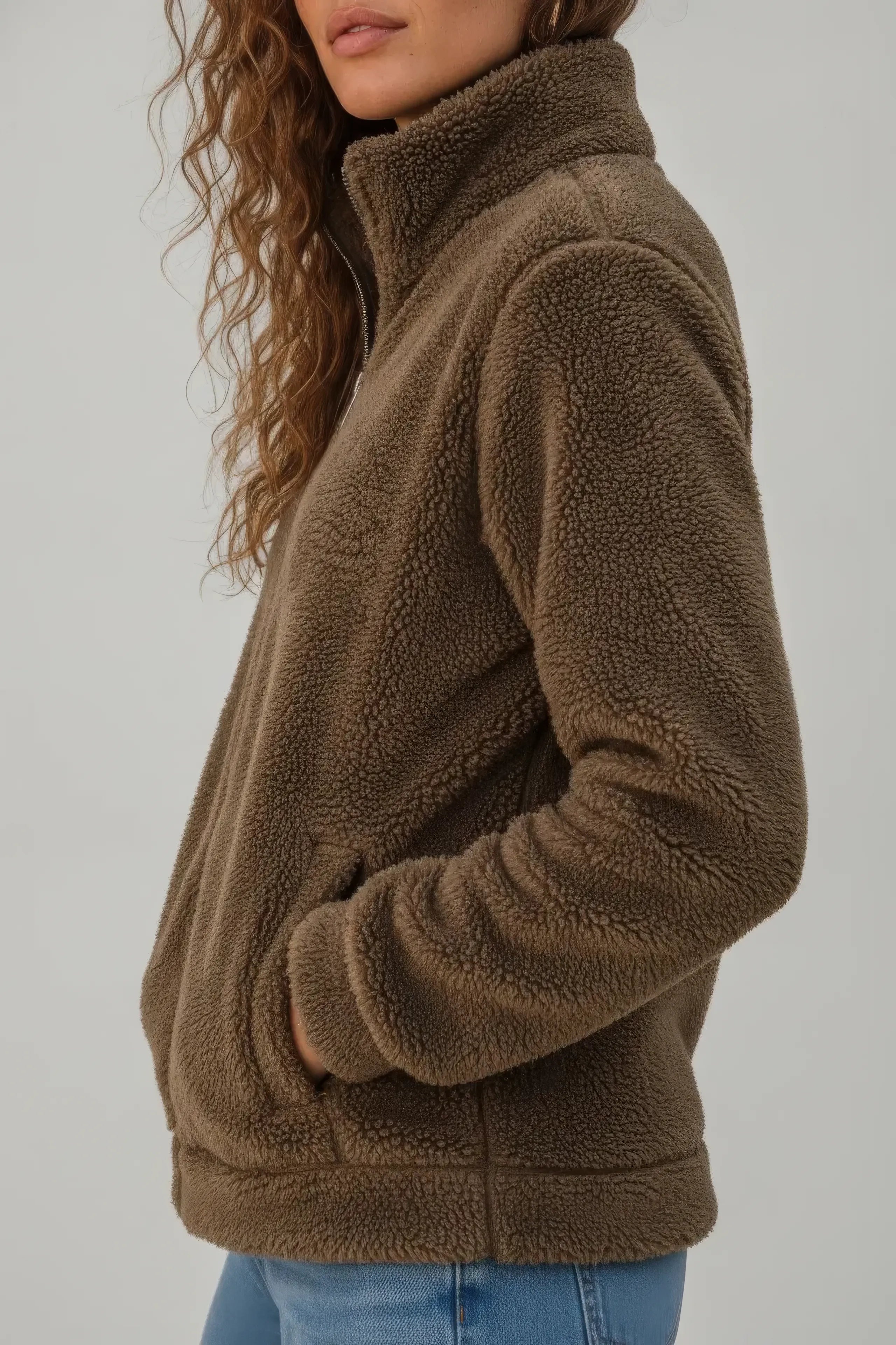 Women Tan Double Sided Coral Fur Full Zip | Soft Winter Sweatshirt