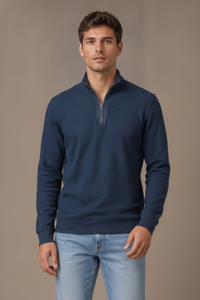 Men’s Dark Navy Standing Collar Half Zipper Sweatshirt - Brushed Seer Sucker Fabric