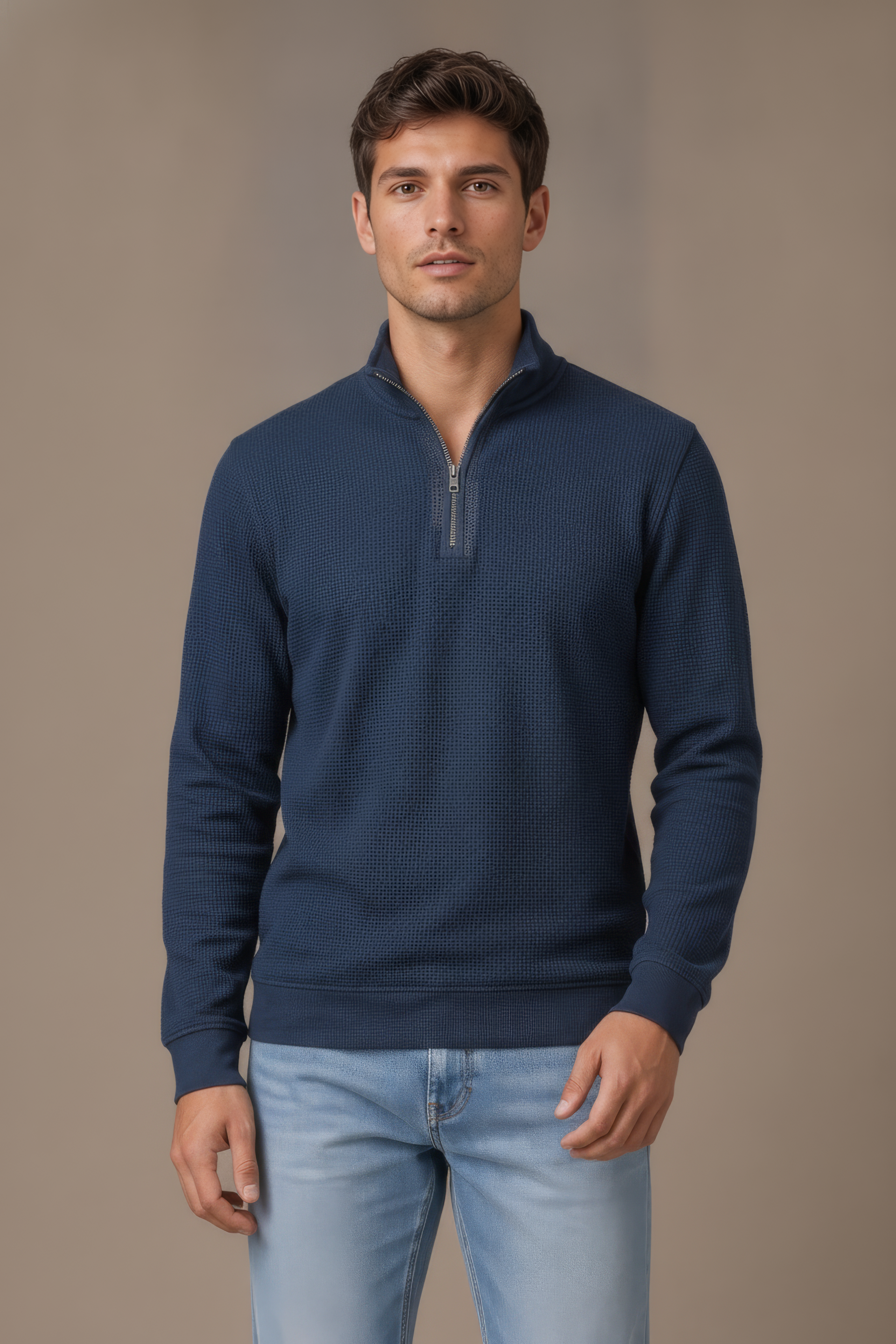 Men’s Dark Navy Standing Collar Half Zipper Sweatshirt - Brushed Seer Sucker Fabric