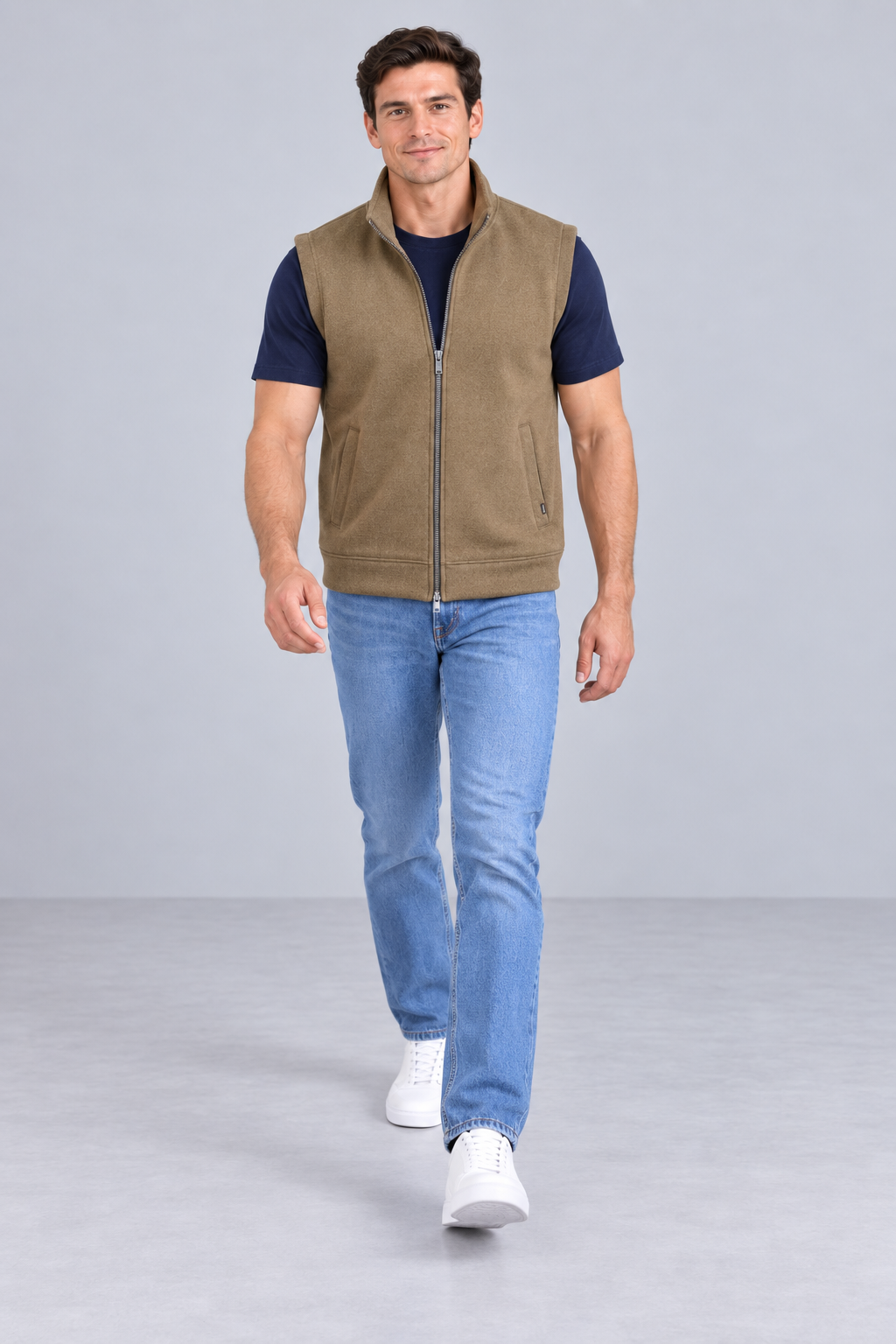 Men’s Brown Melange German Velvet Knitted Gilet – Regular Fit Full Zip Sleeveless Jacket