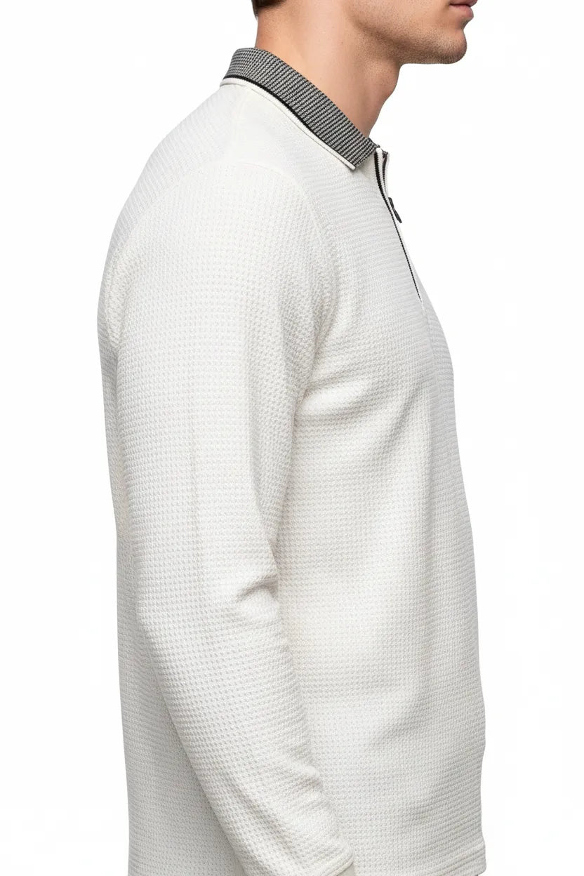 Men's Off White Structured Cotton Half-Zip Polo T-Shirt | Full Sleeve Textured Pre-Winter