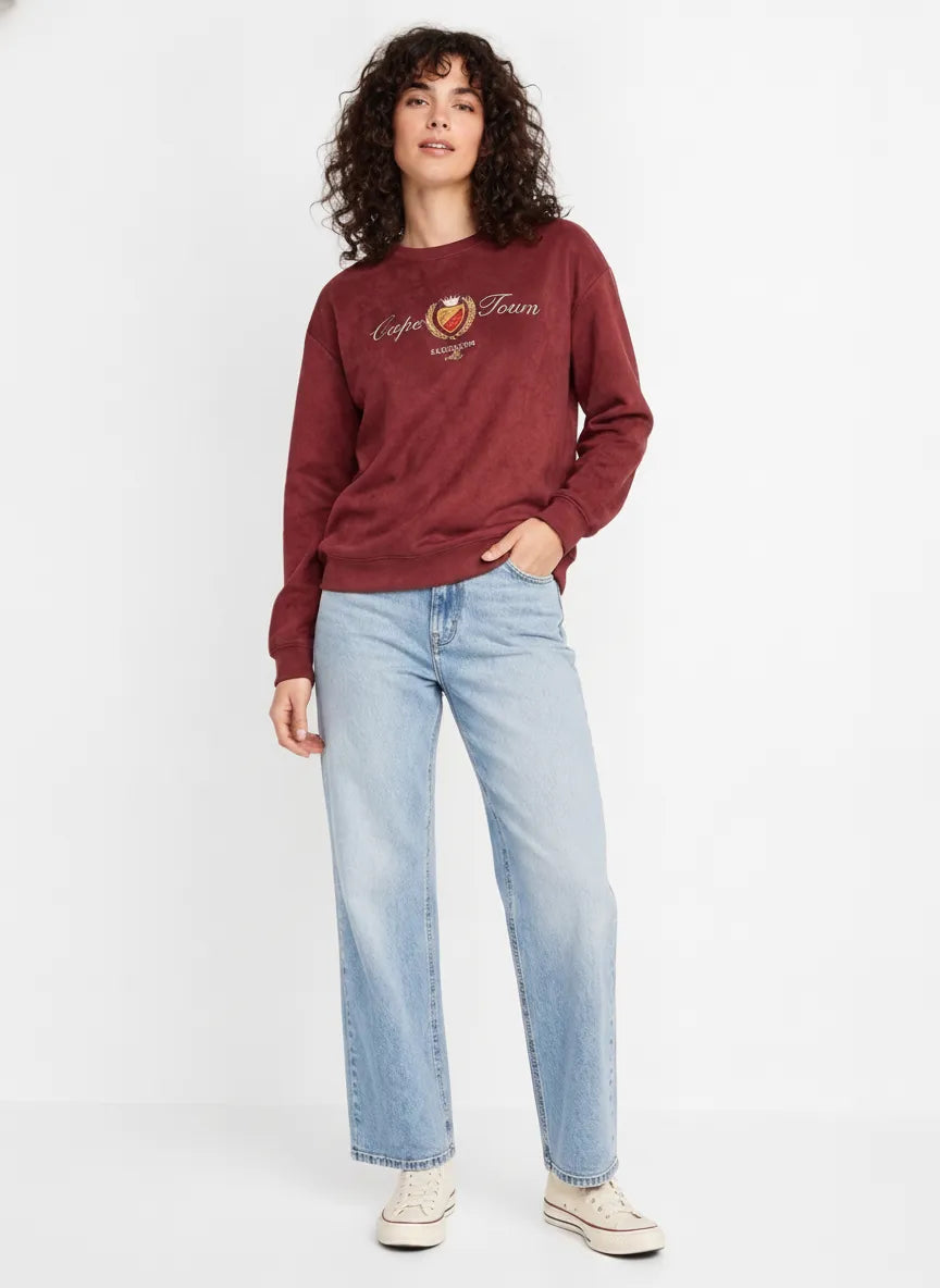 Women’s Wine Knitted Suede Round-Neck Sweatshirt with Cape Town Chest Graphic