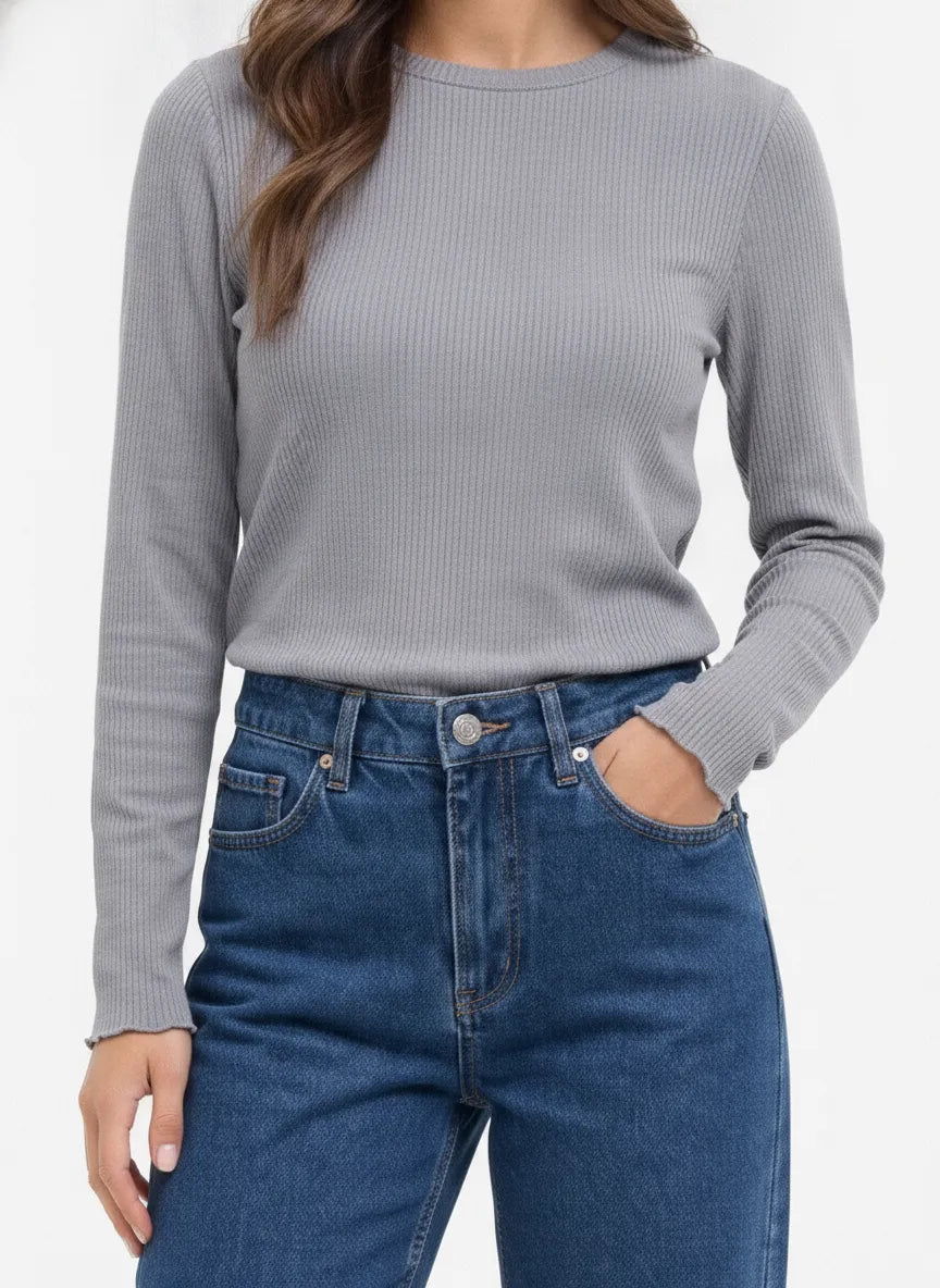 Women’s Lilac Ribbed Blended Cotton Crew Neck Full Sleeve Winter Top