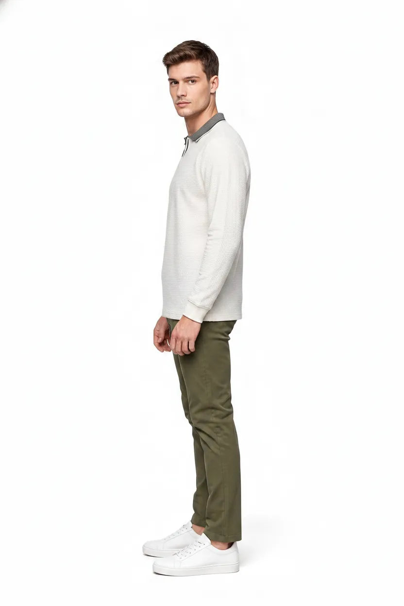 Men's Off White Structured Cotton Half-Zip Polo T-Shirt | Full Sleeve Textured Pre-Winter
