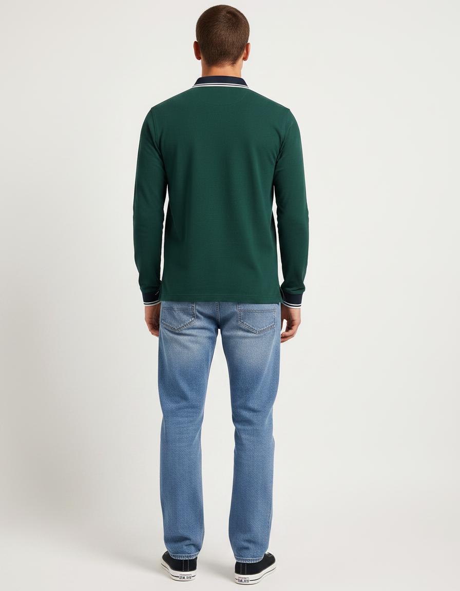 Men’s Bottle Green Full Sleeve Polo T-Shirt | Cotton Blend Lycra Stretch