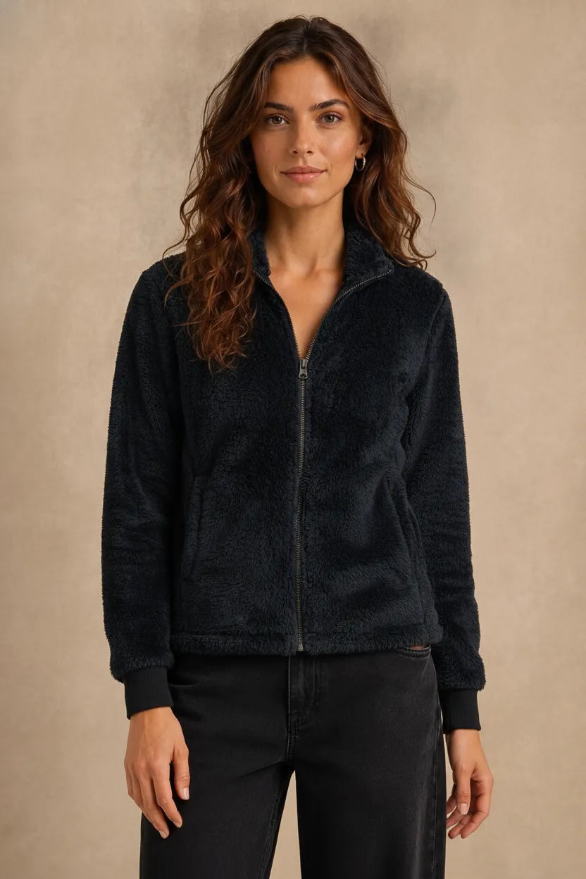 Women Black Double Sided Coral Fur Full Zip | Soft Winter Sweatshirt