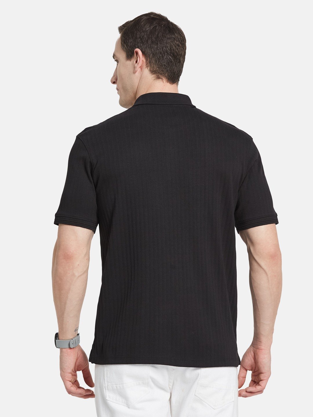 VERTICAL STRIPE POLO NECK RIB STRUCTURE T-SHIRT