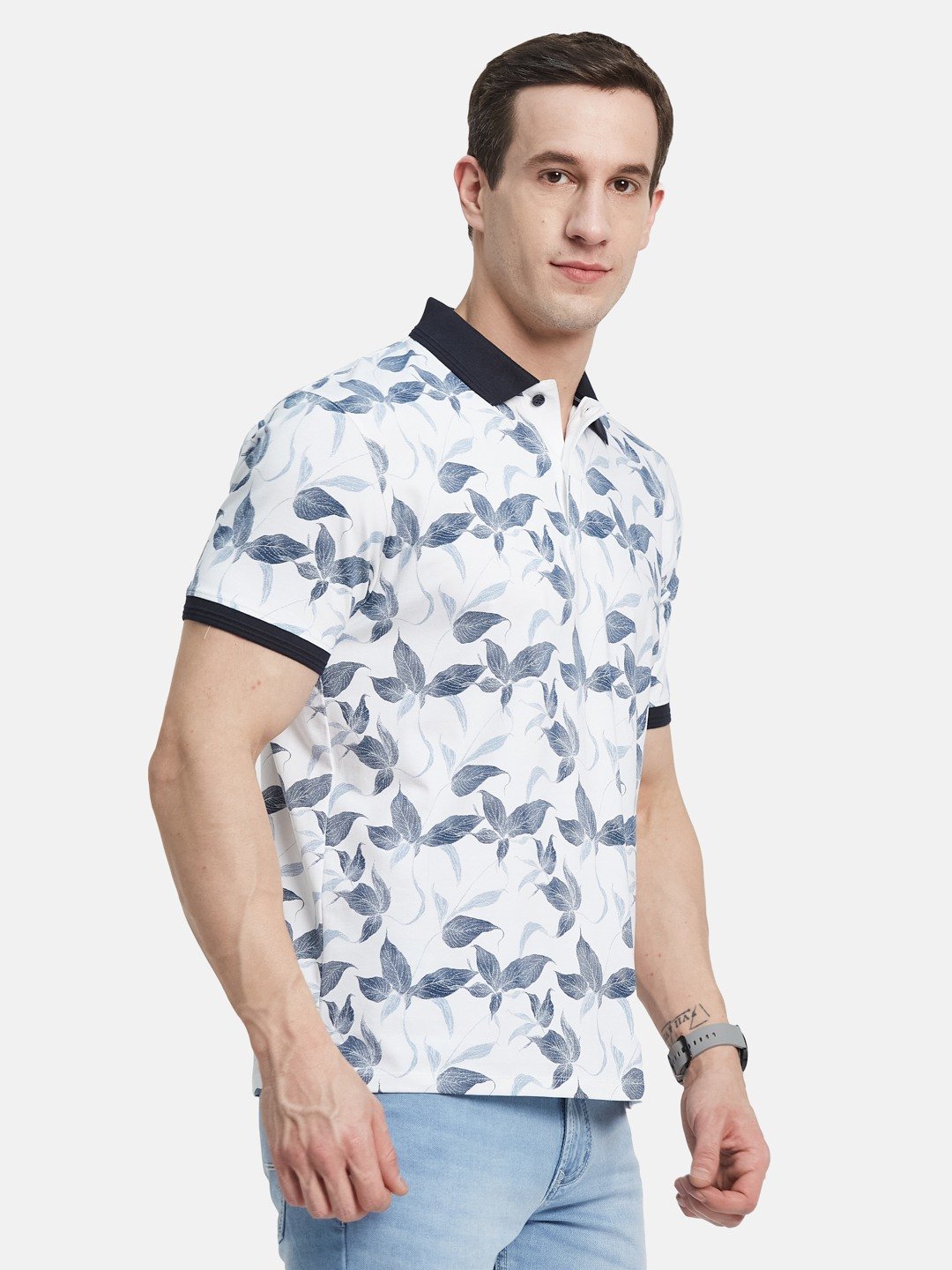 AOP FLORALPRINT  POLO NECK SINGLE JERSEY KNIT LYCRA T-SHIRT