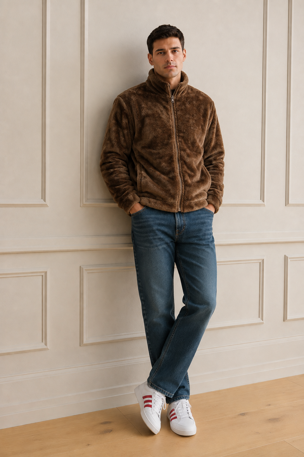 Men’s Tan Fur Full-Zip Winter Sweatshirt | Stand Collar