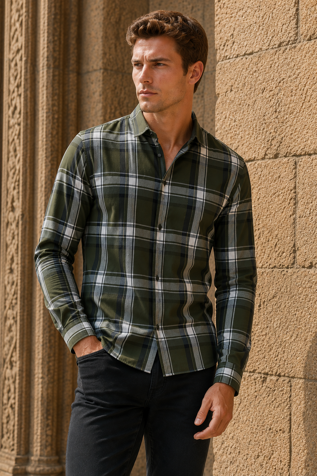 Men’s Olive Check Cotton Tencel Shirt