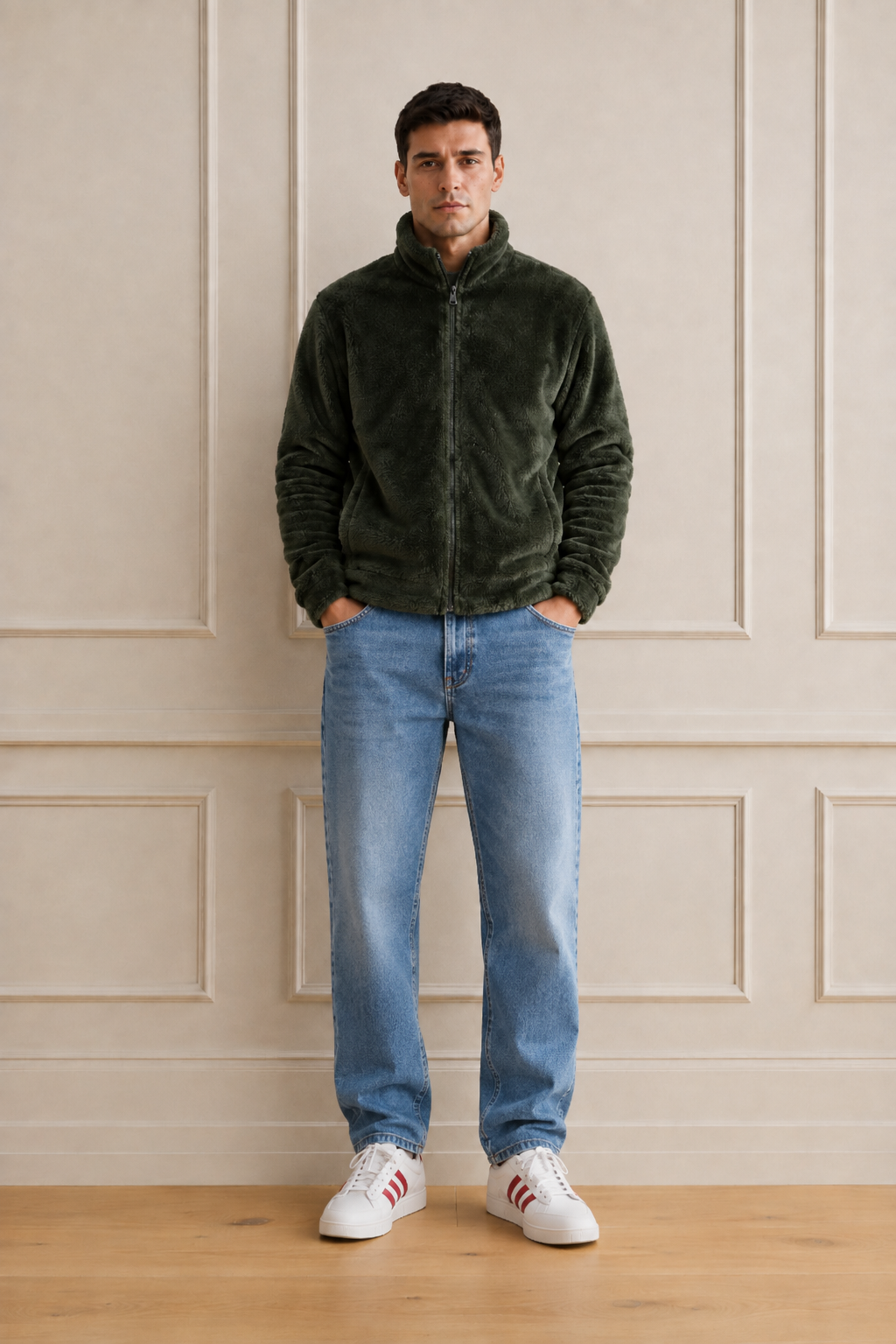 Men’s Olive Fur Full-Zip Winter Sweatshirt | Stand Collar
