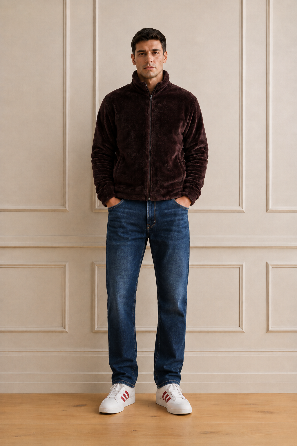 Men’s Espresso Fur Full-Zip Winter Sweatshirt | Stand Collar