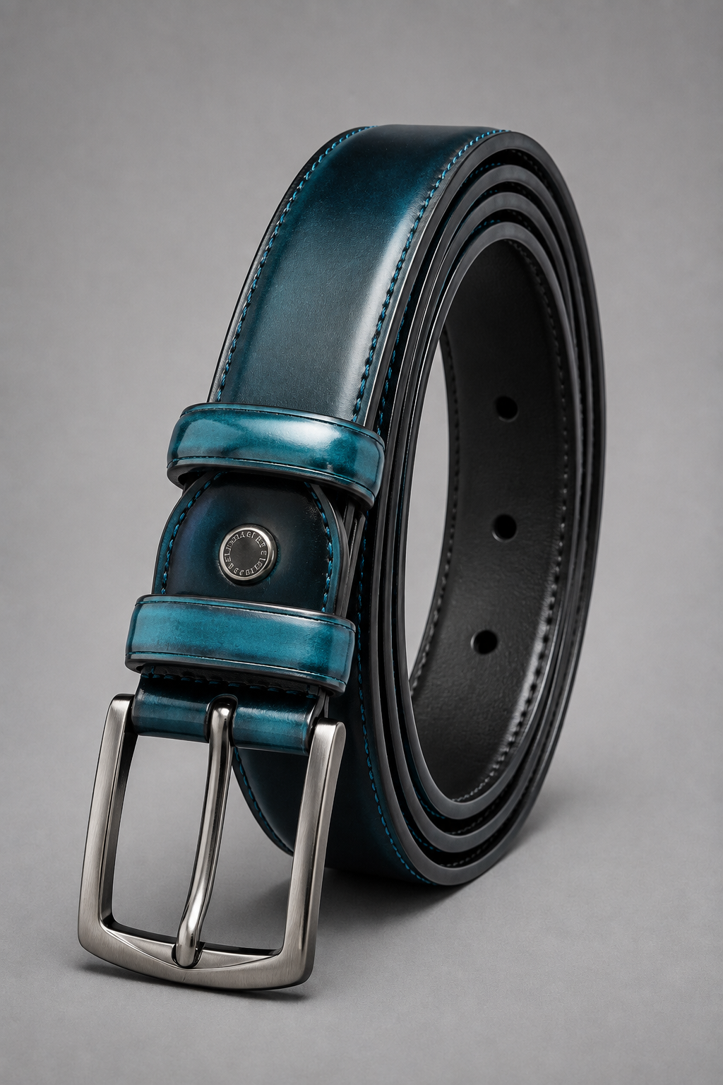 Men's Navy Blue Leather Belt with Brushed Silver Buckle