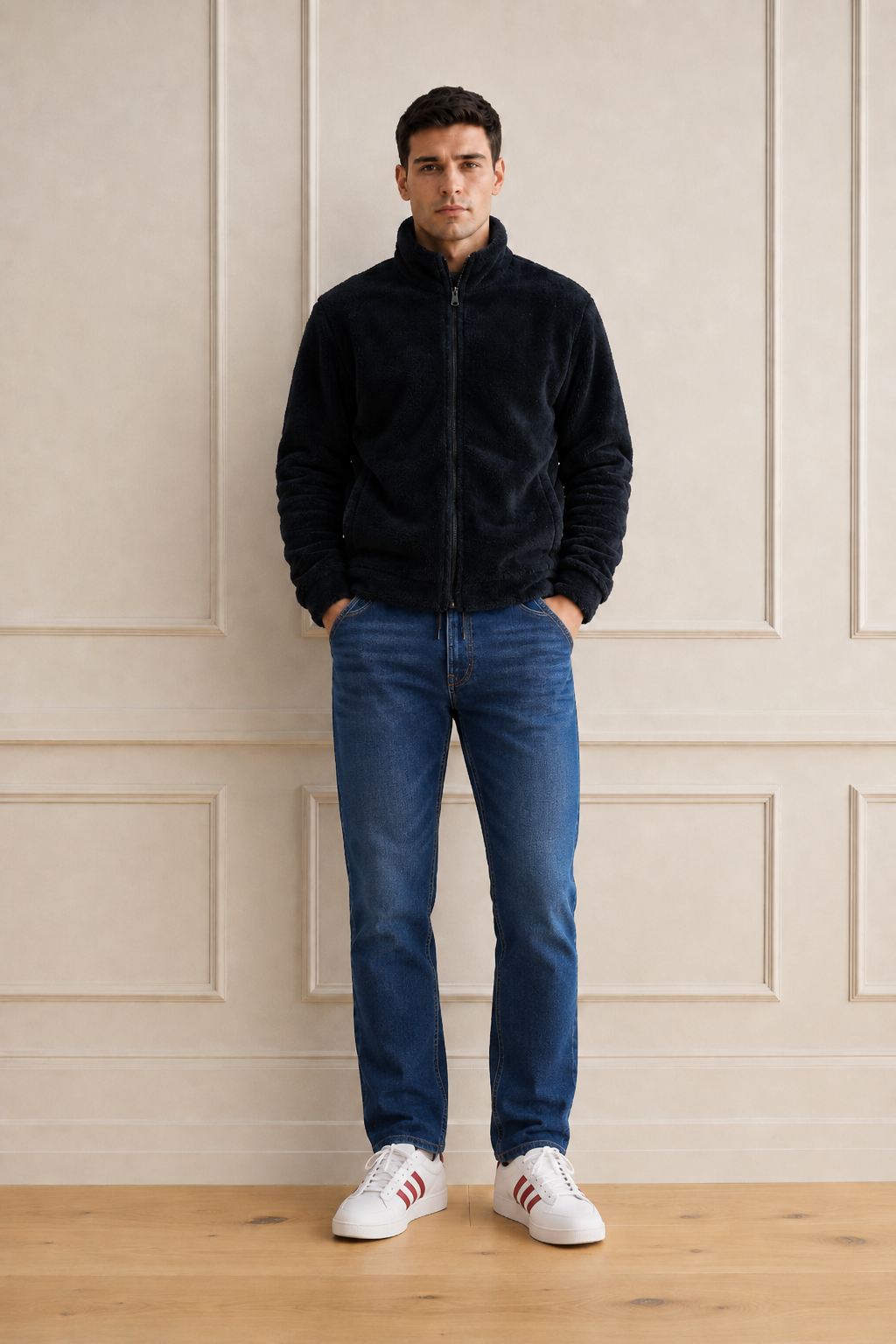 Men’s Black Fur Full-Zip Winter Sweatshirt | Stand Collar
