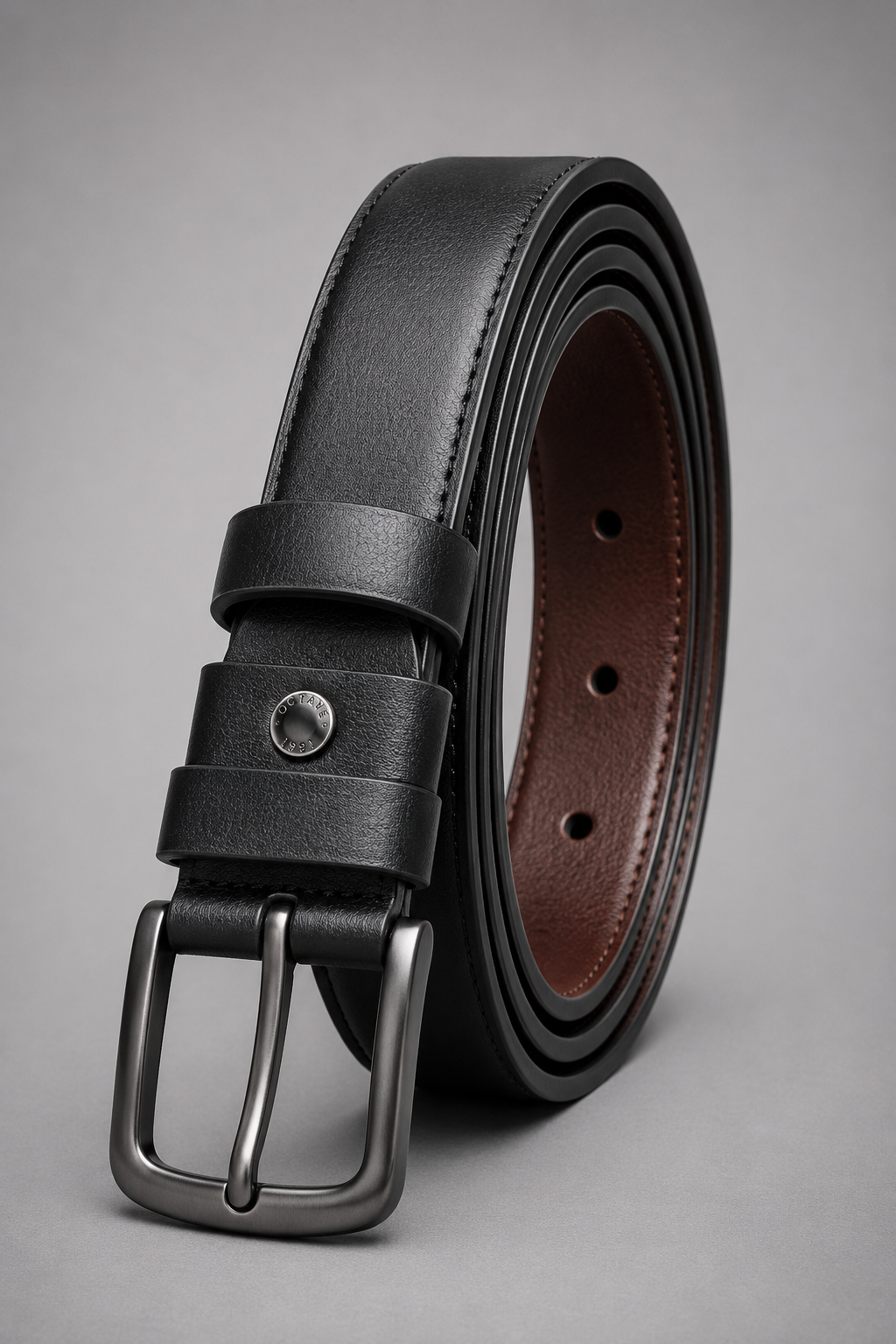 Men's Black Leather Belt with Brushed Silver Buckle