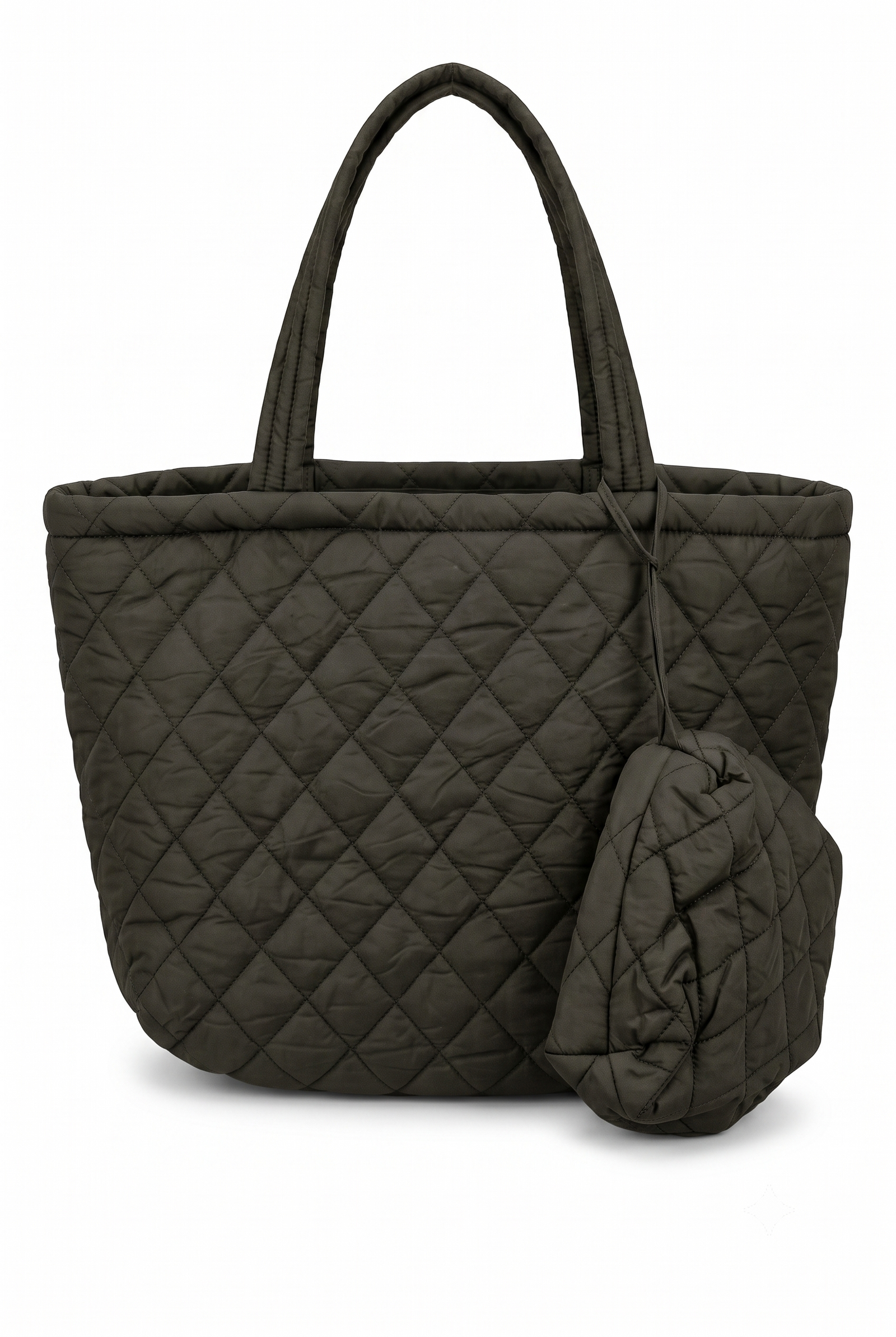 Women's Dark Olive Green Quilted Tote Handbag with Pouch | Lightweight Shoulder Bag | Large Capacity Everyday Travel Tote