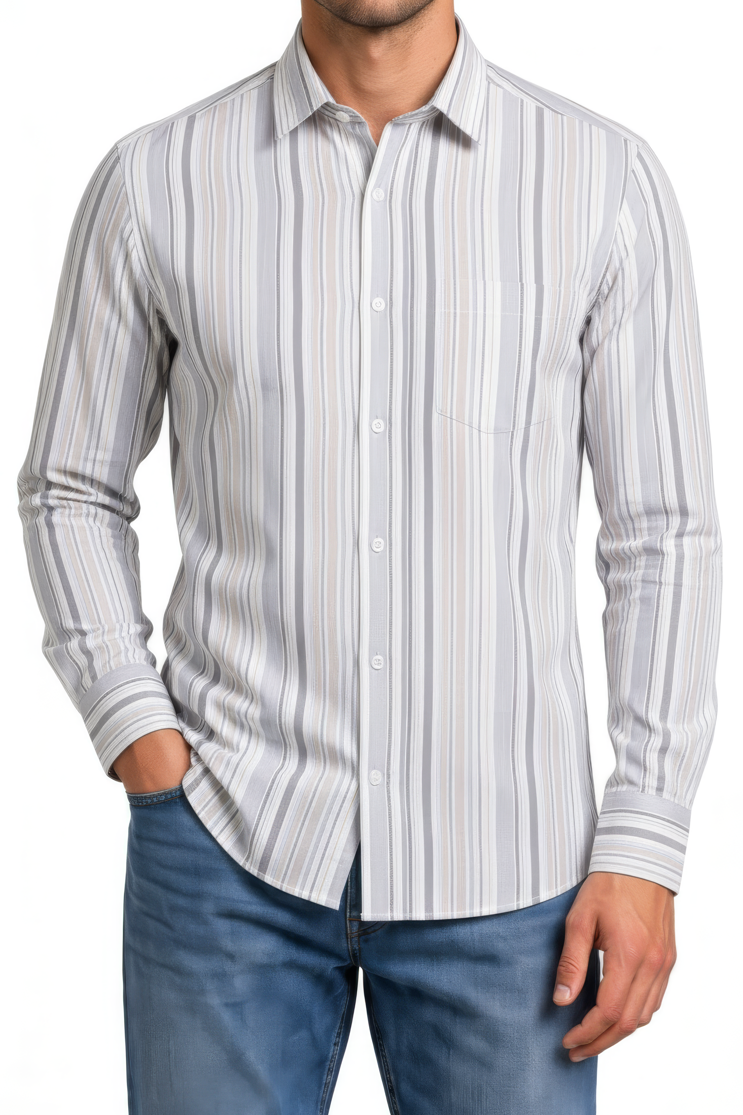Men’s Grey Full Sleeve Vertical Striped Oxford Shirt