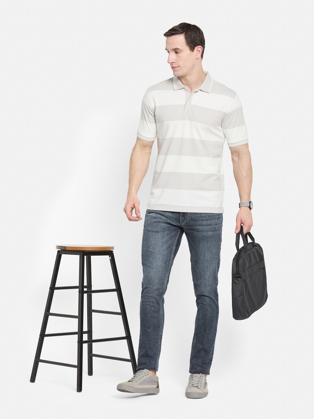 HORIZONTAL STRIPE POLO NECK POPCORN KNIT LYCRA  T-SHIRT