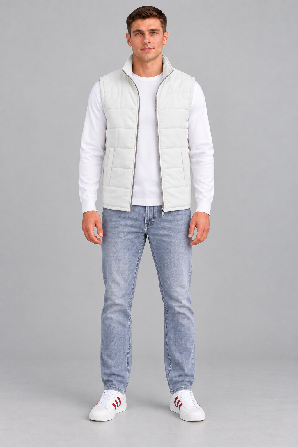 Men’s Beige Lightweight Reversible Woven Puffer Gilet – Regular Fit Sleeveless Jacket