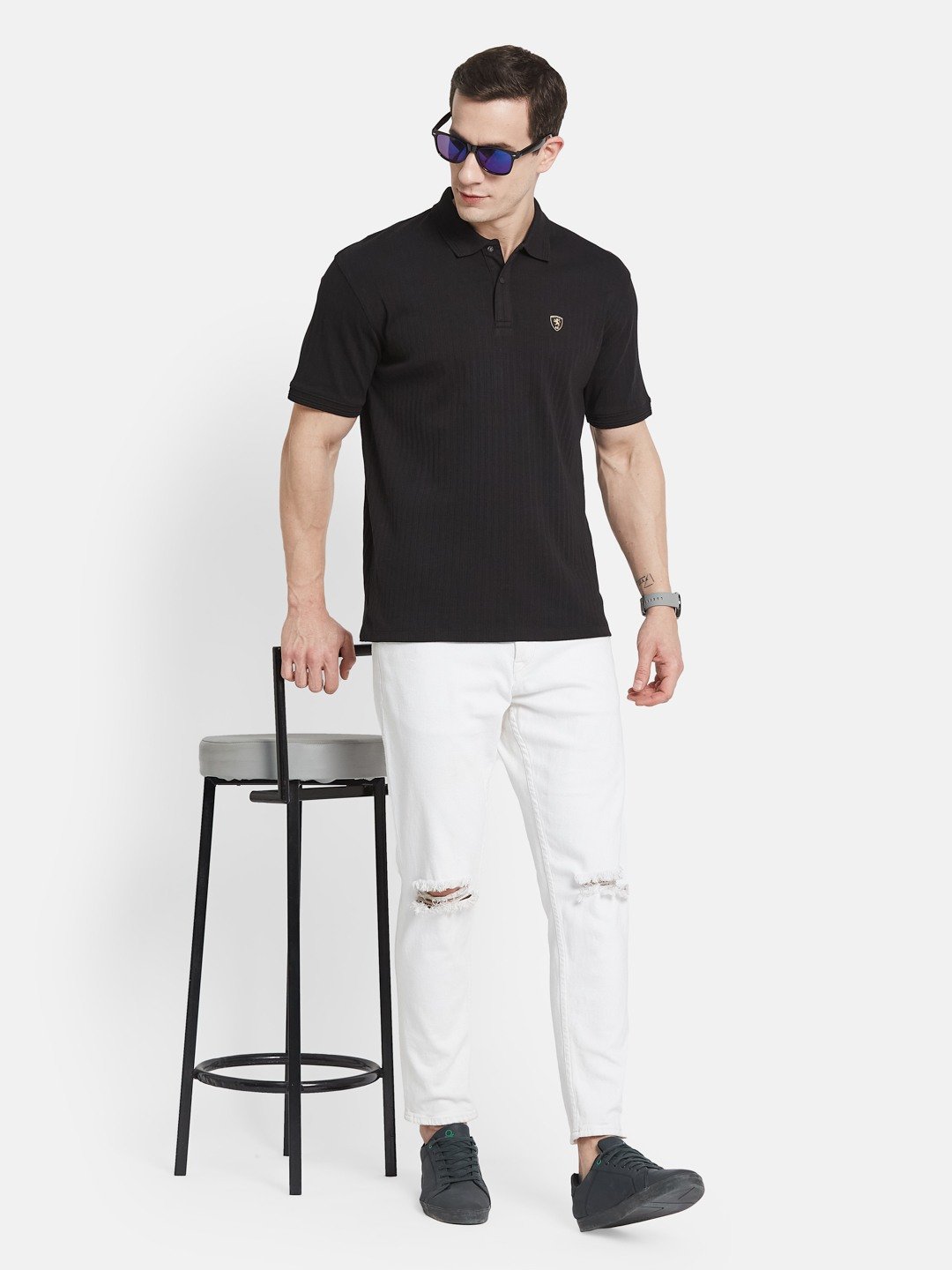VERTICAL STRIPE POLO NECK RIB STRUCTURE T-SHIRT
