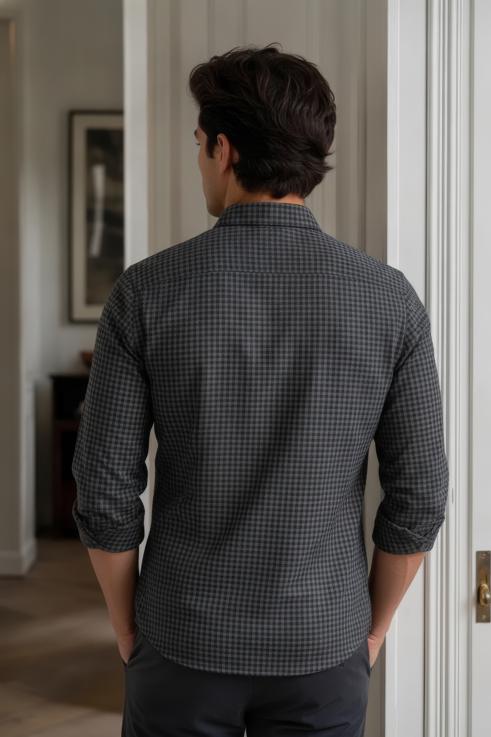 Men’s Black Full Sleeve Melange Cotton Twill Check Shirt