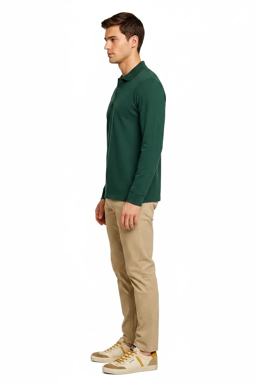 Men's Hunter Green Full Sleeve Cotton Pique Polo T-Shirt | Premium Pre-Winter Casual Polo