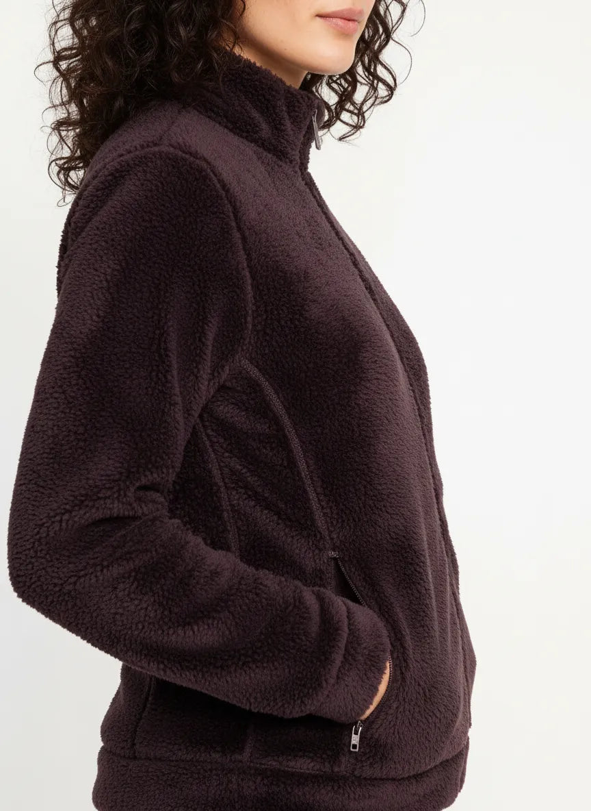 Women’s Wine Coral Fur Full-Zip Sweatshirt with Standing Collar and Side Pockets
