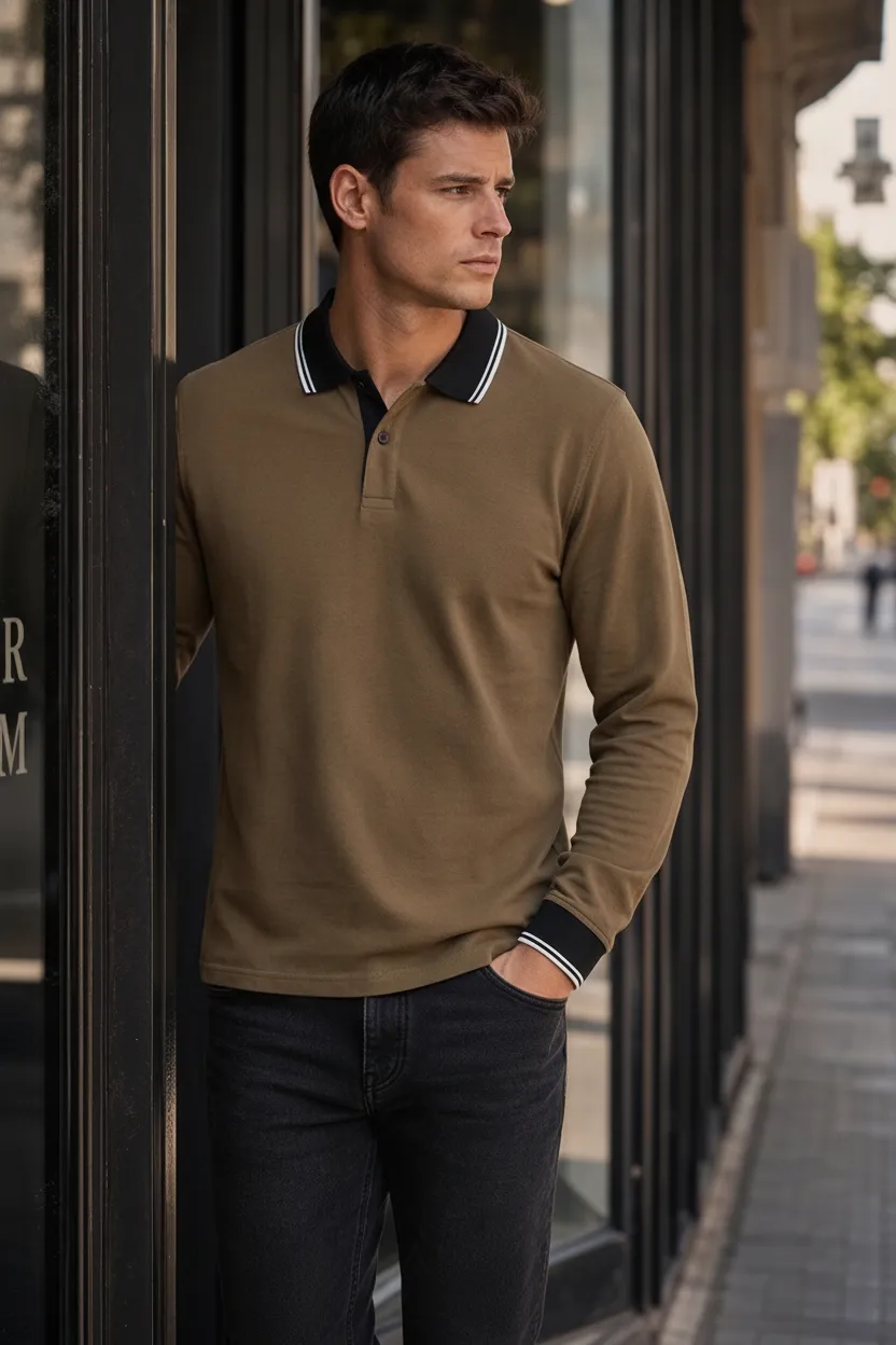Men’s Tan Full Sleeve Polo T-Shirt | Cotton Blend Lycra Stretch