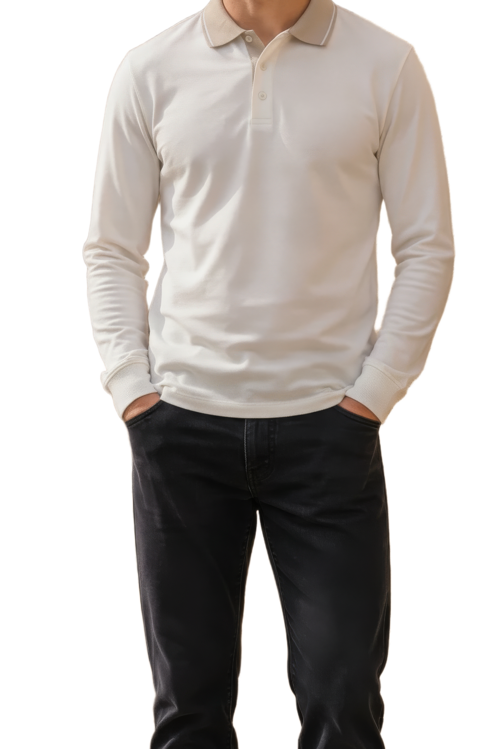 Men’s OFF WHITE  Full Sleeve Polo T-Shirt – Cotton Blend Lycra Stretch  | Contrast Collar