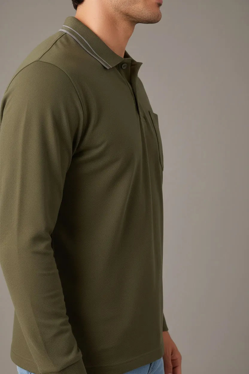 Men's Tan Full Sleeve Cotton Waffle Knit Polo T-Shirt | Textured