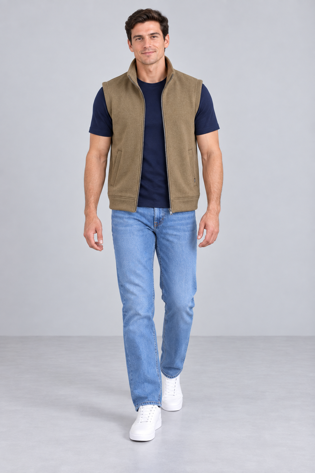 Men’s Brown Melange German Velvet Knitted Gilet – Regular Fit Full Zip Sleeveless Jacket