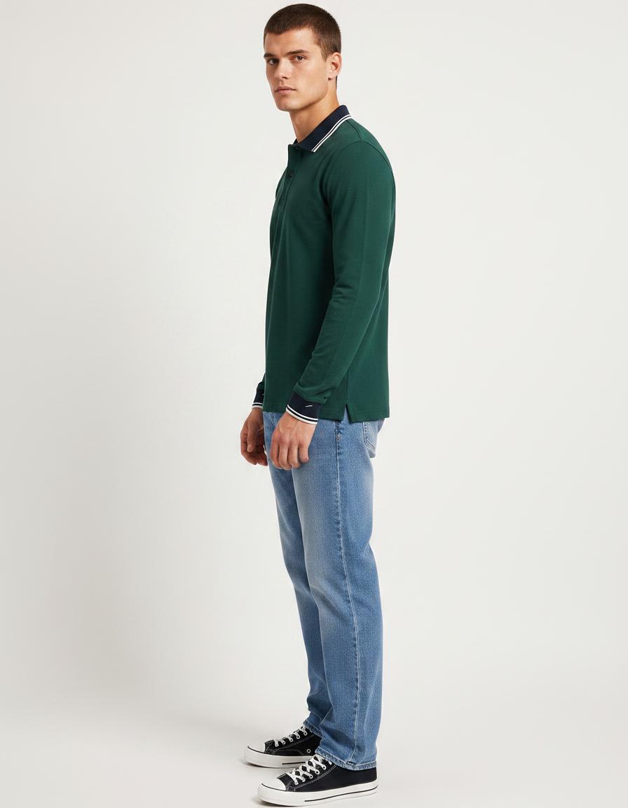 Men’s Bottle Green Full Sleeve Polo T-Shirt | Cotton Blend Lycra Stretch