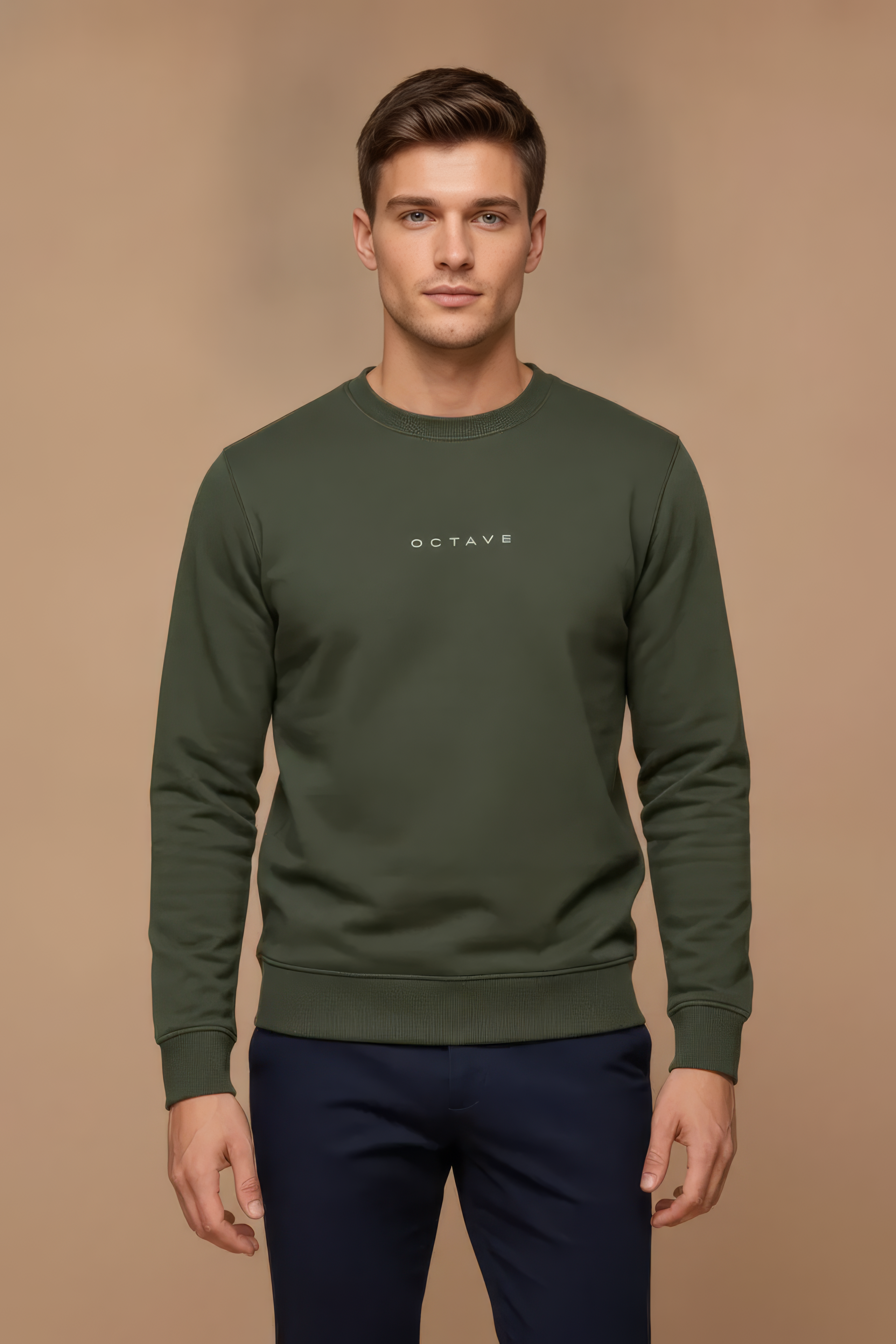 Men’s Premium Olive Crew Neck Cotton Fleece Sweatshirt