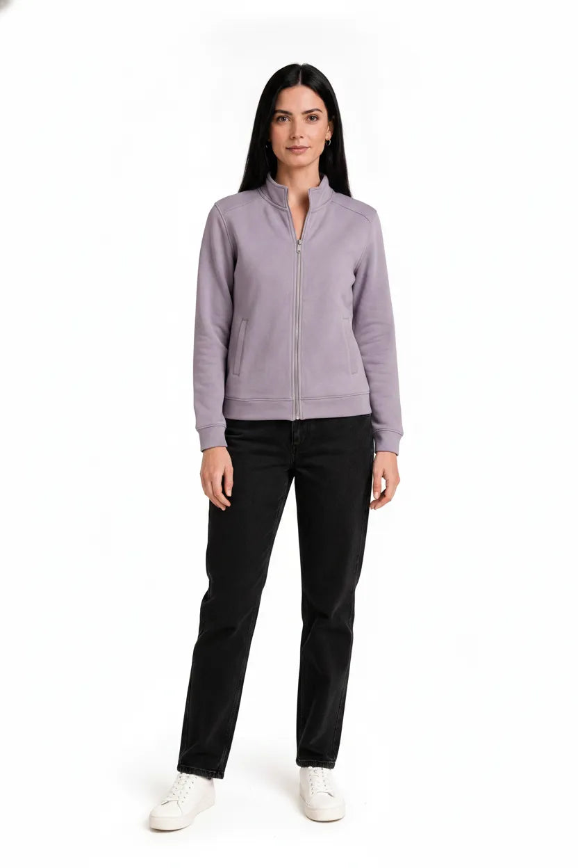 Women Levender Milange Cotton Blended German Velvet Full Zip | Standing Collar Winter Sweatshirt