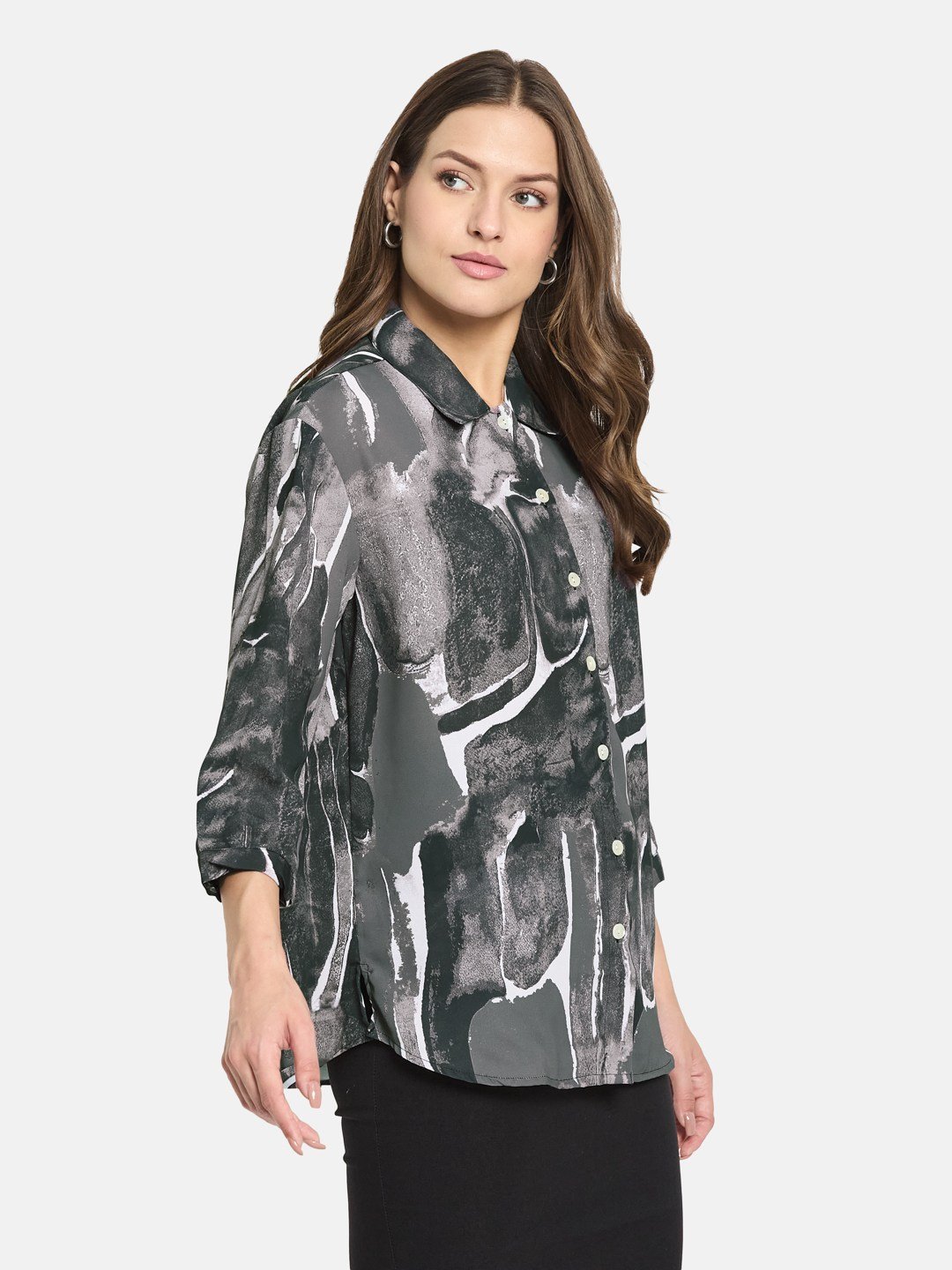 METTLE ss25 Women Charcoal Abstract Printed Cuffed Sleeves Cotton Shirt Style Top