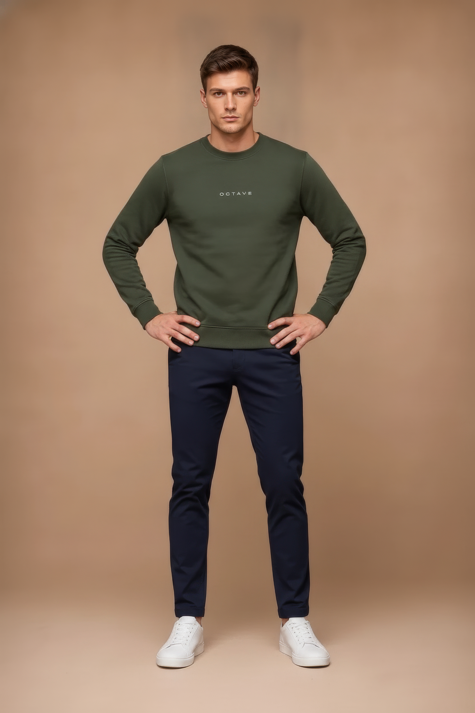 Men’s Premium Olive Crew Neck Cotton Fleece Sweatshirt