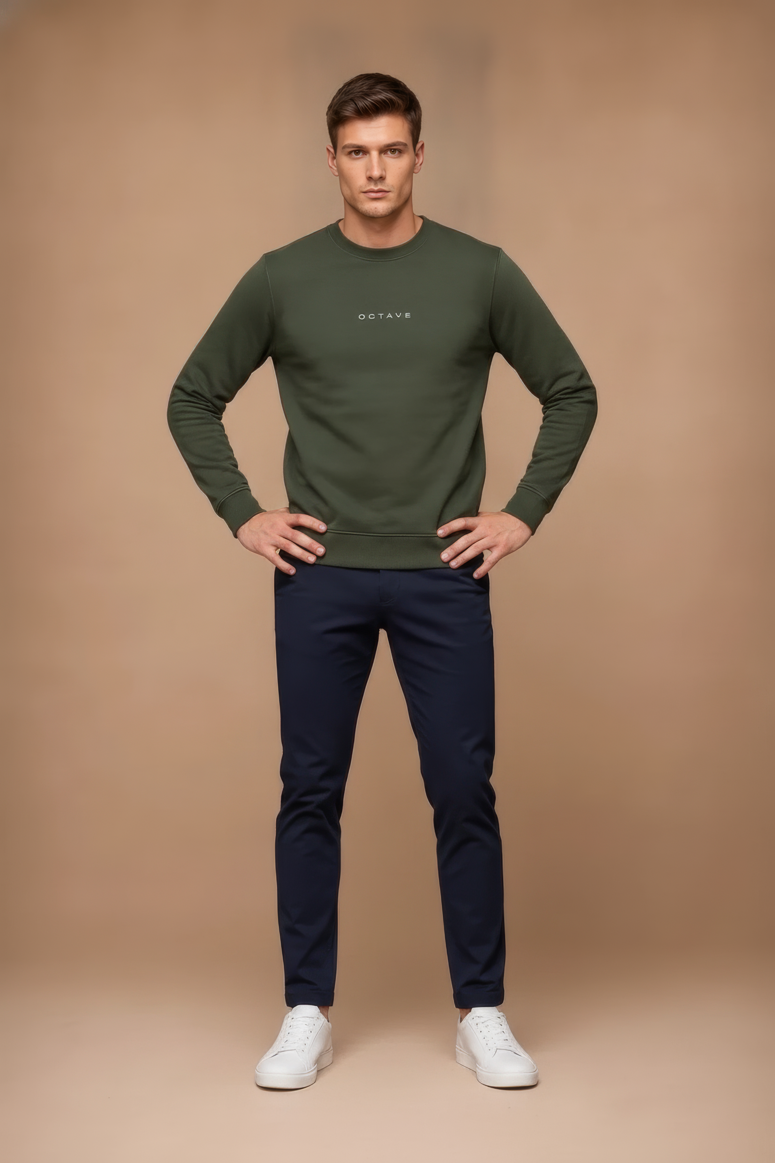 Men’s Premium Olive Crew Neck Cotton Fleece Sweatshirt