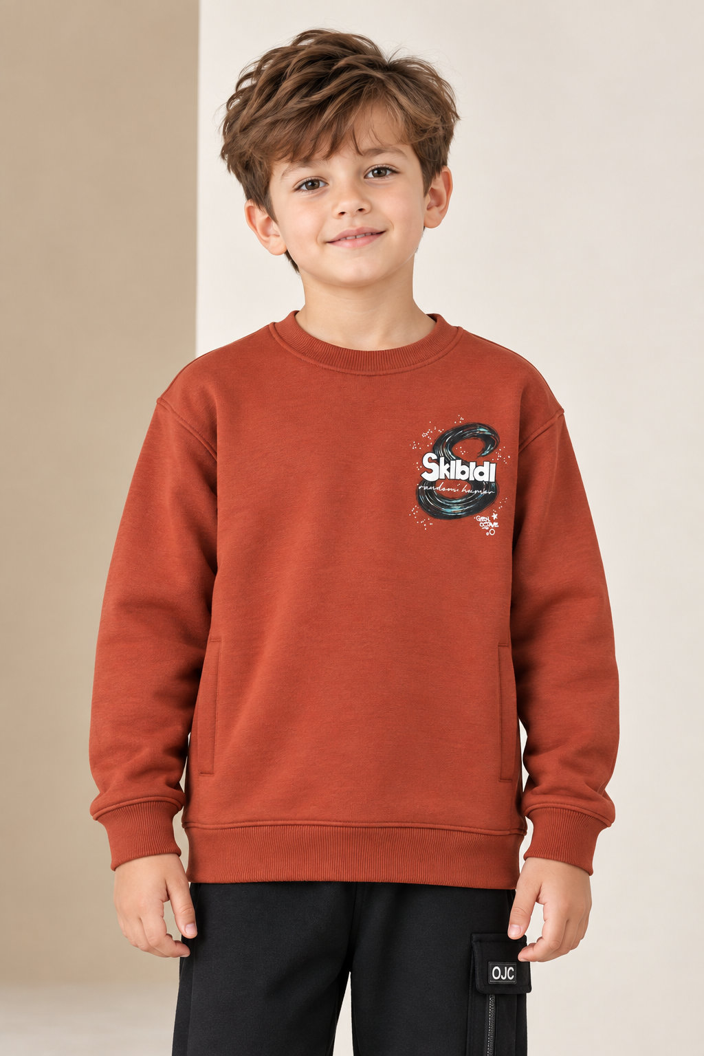 Junior Boy Knitted Brushed Cotton Light Rust Sweatshirt with Graphic Print