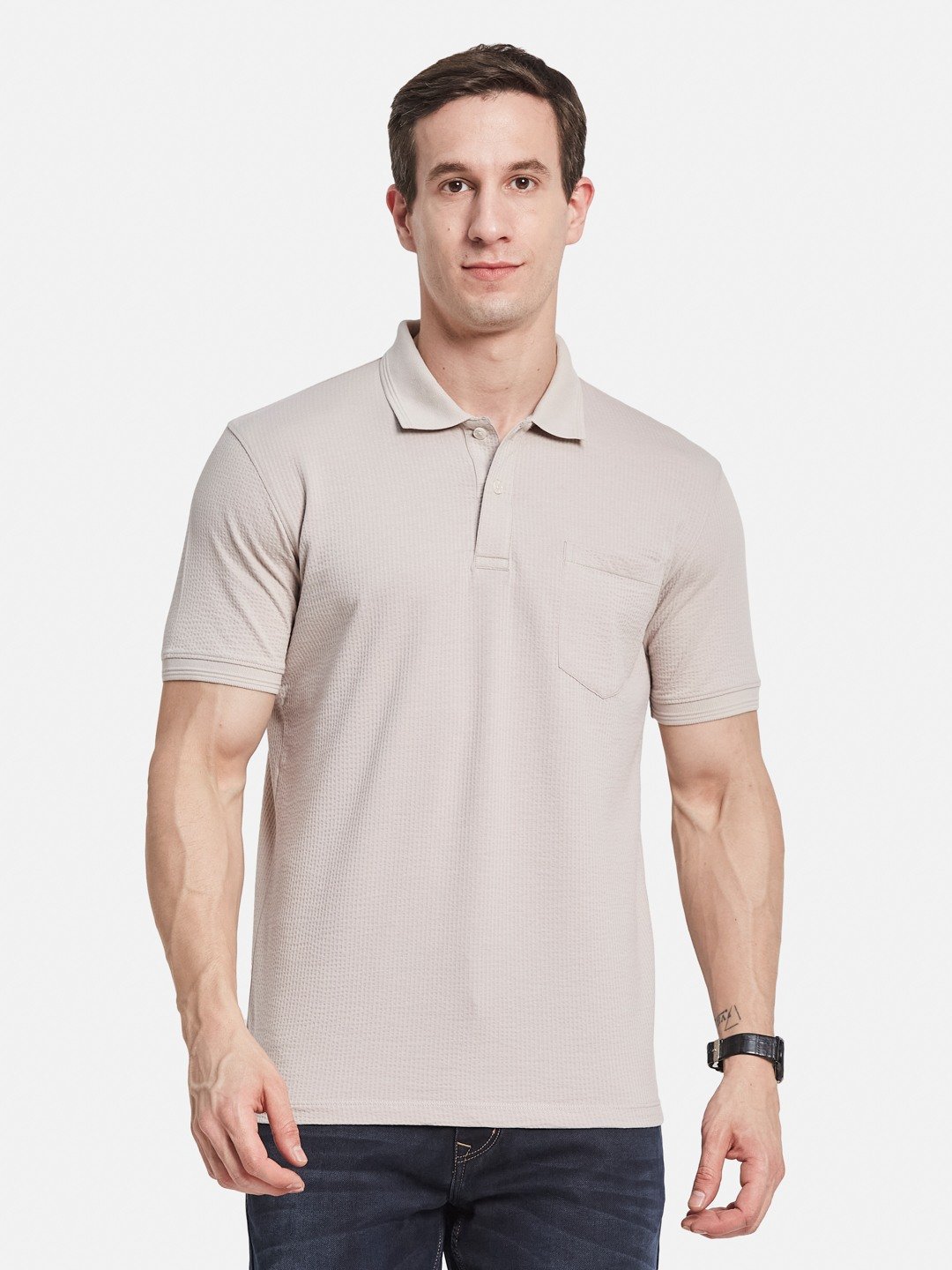 SOLID POLO NECK FRONT OPEN POCKET  SEER SUCKER T-SHIRT