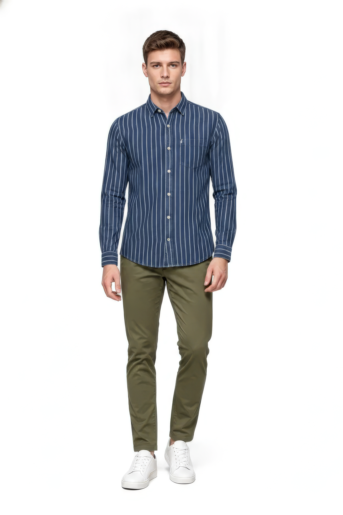 Men’s Indigo Full Sleeve Stripe Shirt – Cotton Dobby Fabric Casual Button-Down Shirt
