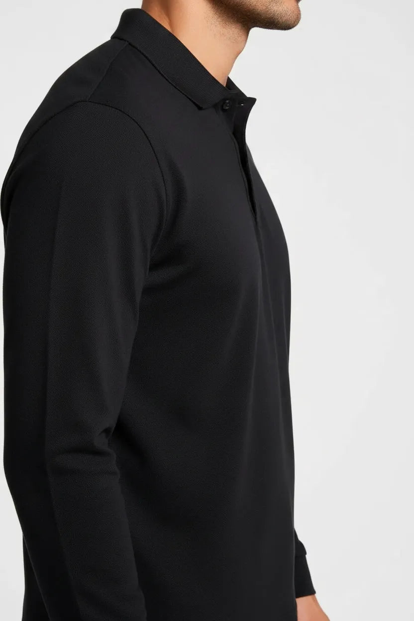 Men’s Black Pique Lycra Polo Neck Full-Sleeve Winter T-Shirt